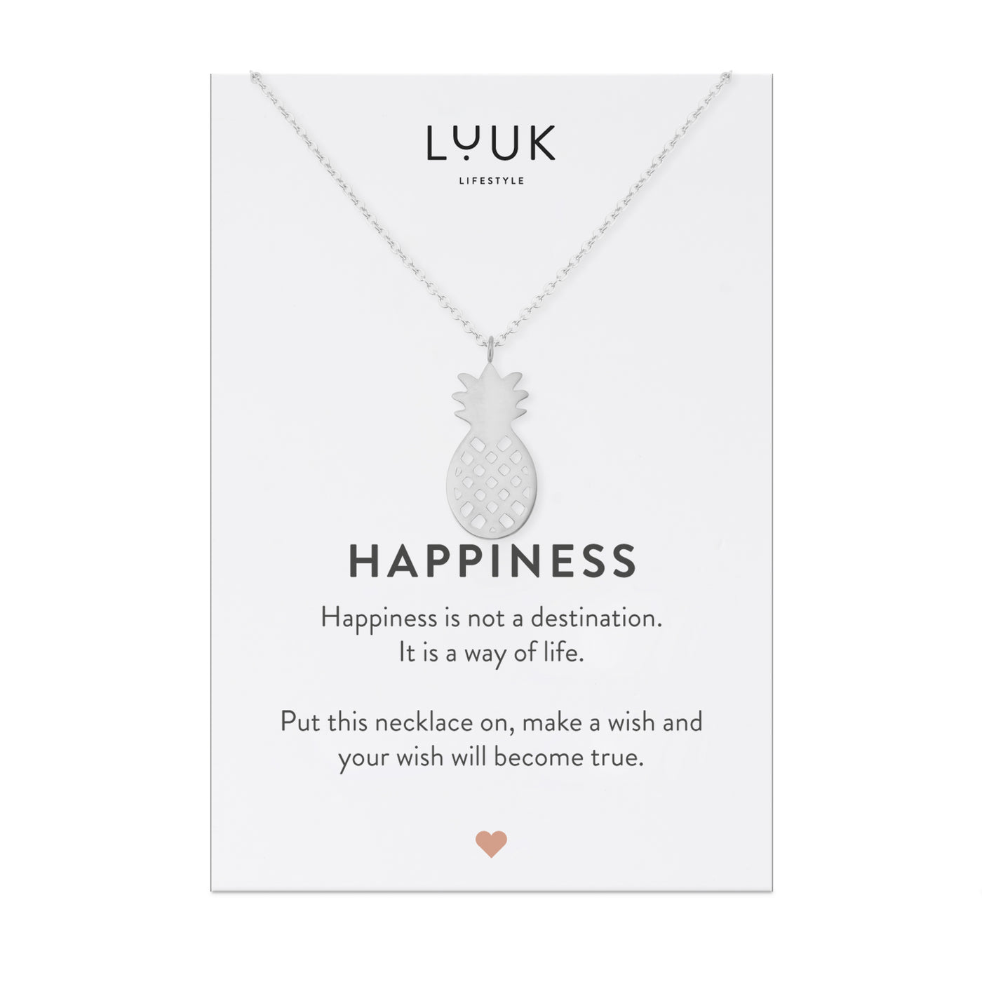 Halskette mit Ananas Anhänger auf Happiness Spruchkarte  aus Edelstahl von der Brand Luuk Lifestyle