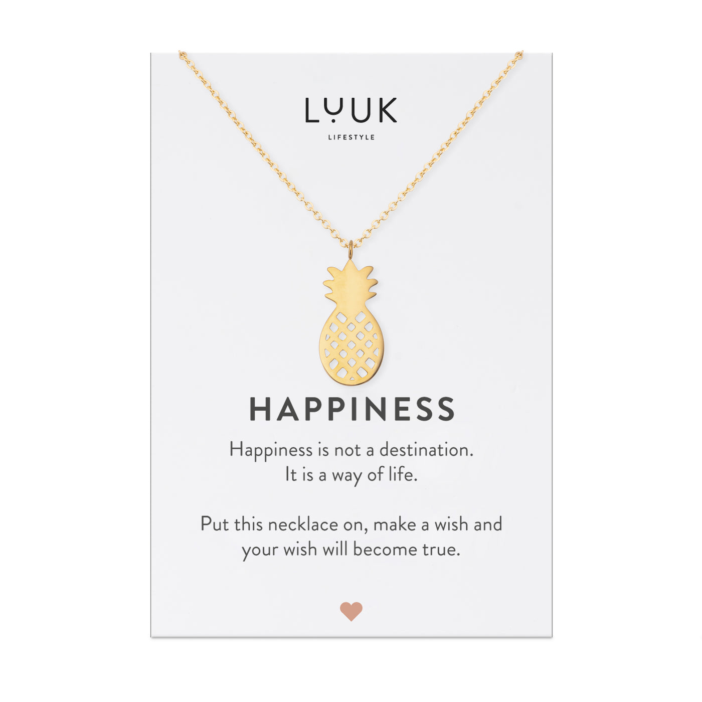 Gold Kette mit Ananas Anhänger aus Edelstahl auf Happiness Karte von der Marke Luuk Lifestyle