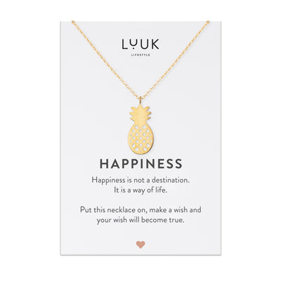 Gold Kette mit Ananas Anhänger aus Edelstahl auf Happiness Karte von der Marke Luuk Lifestyle