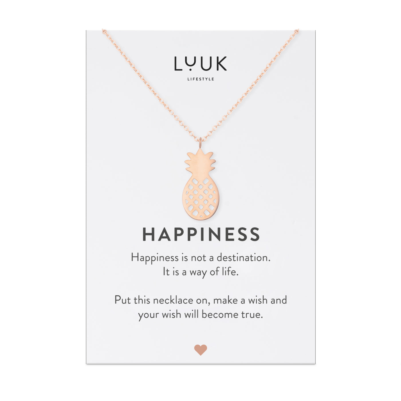 Halskette mit Ananas Anhänger in Roségold auf Happiness Spruchkarte von Luuk Lifestyle