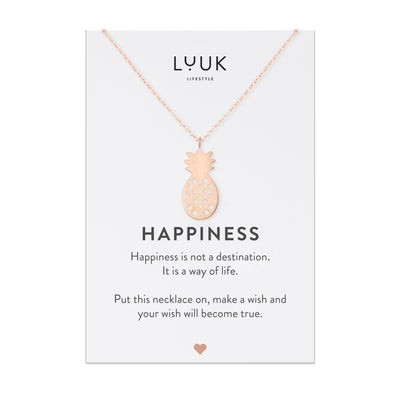 Halskette mit Ananas Anhänger in Roségold auf Happiness Spruchkarte von Luuk Lifestyle