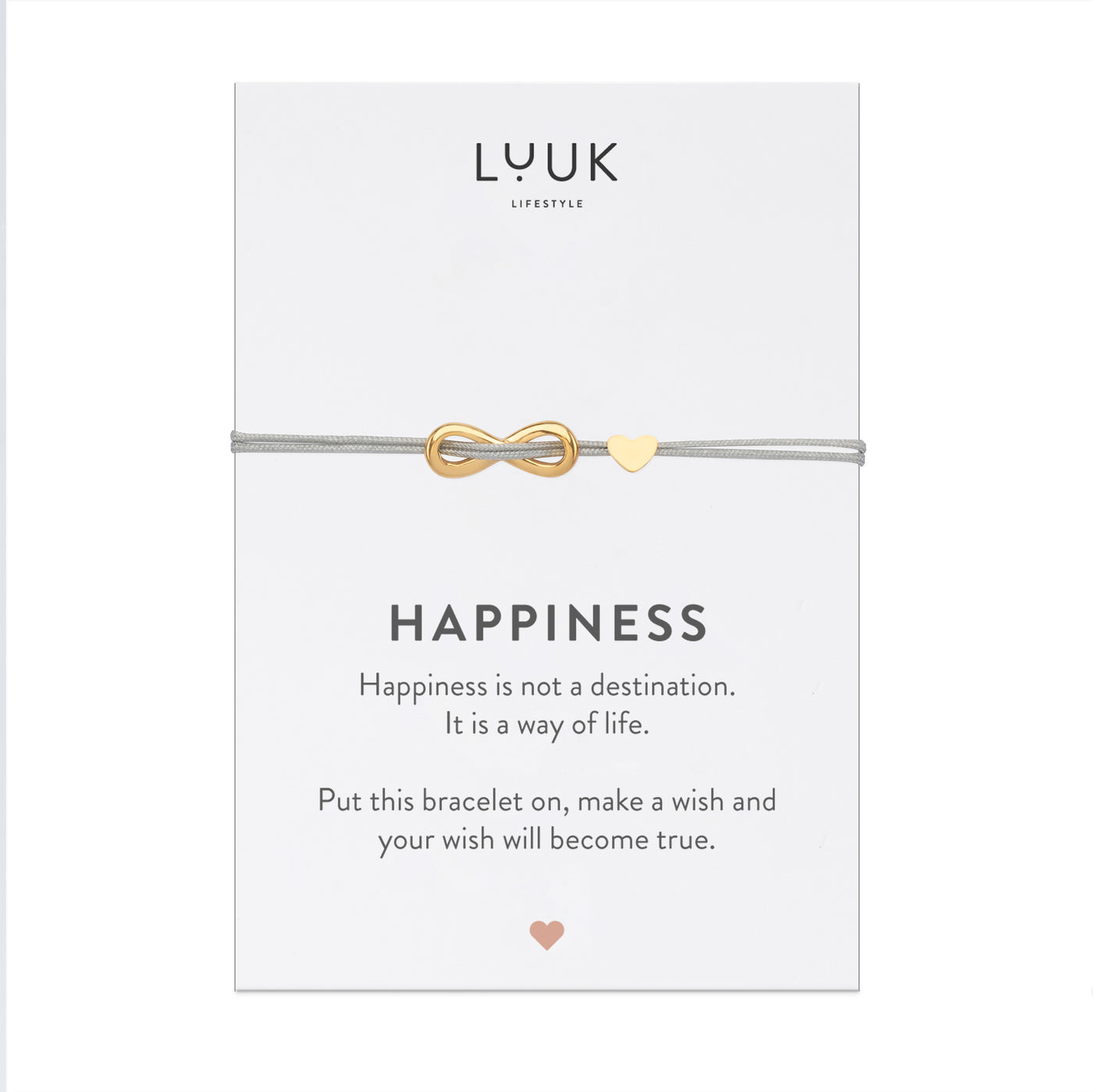 Bracelet with Infinity and heart pendant and Happiness greeting card