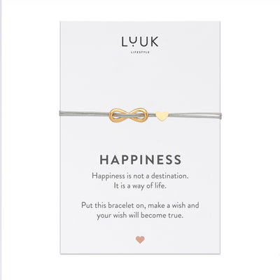 Bracelet with Infinity and heart pendant and Happiness greeting card