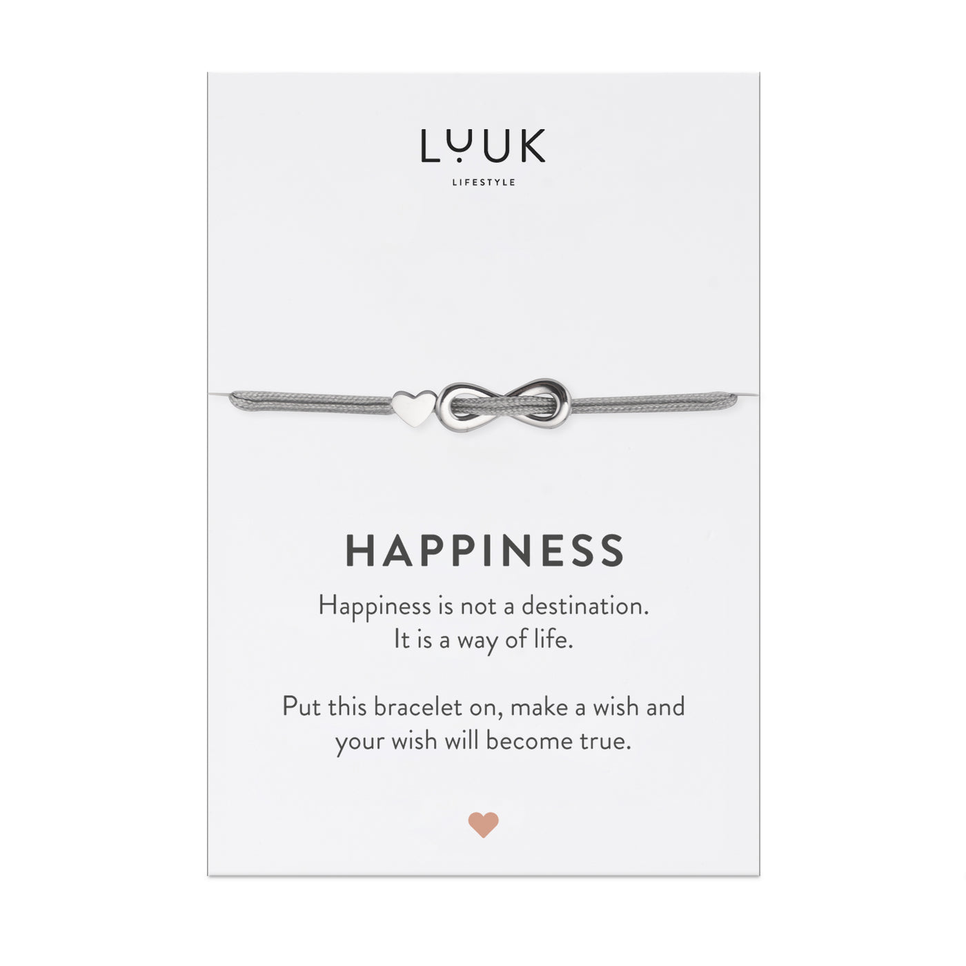 Bracelet with Infinity and heart pendant and Happiness greeting card