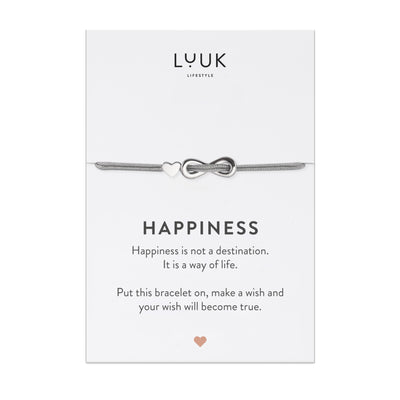 Bracelet with Infinity and heart pendant and Happiness greeting card