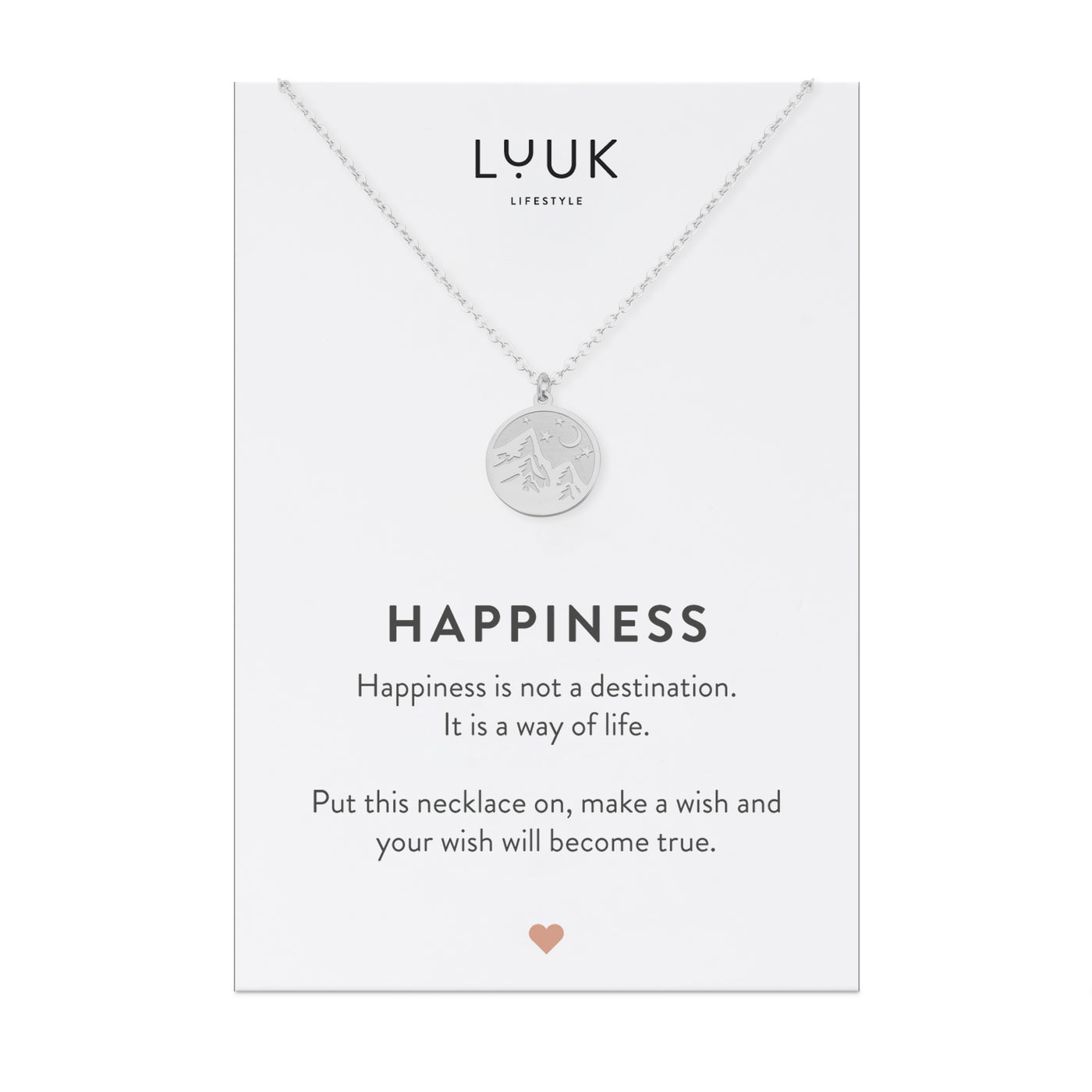 Silberne halskette mit Berg Plättchen Anhänger auf Happiness Spruchkarte von der Marke Luuk Lifestyle