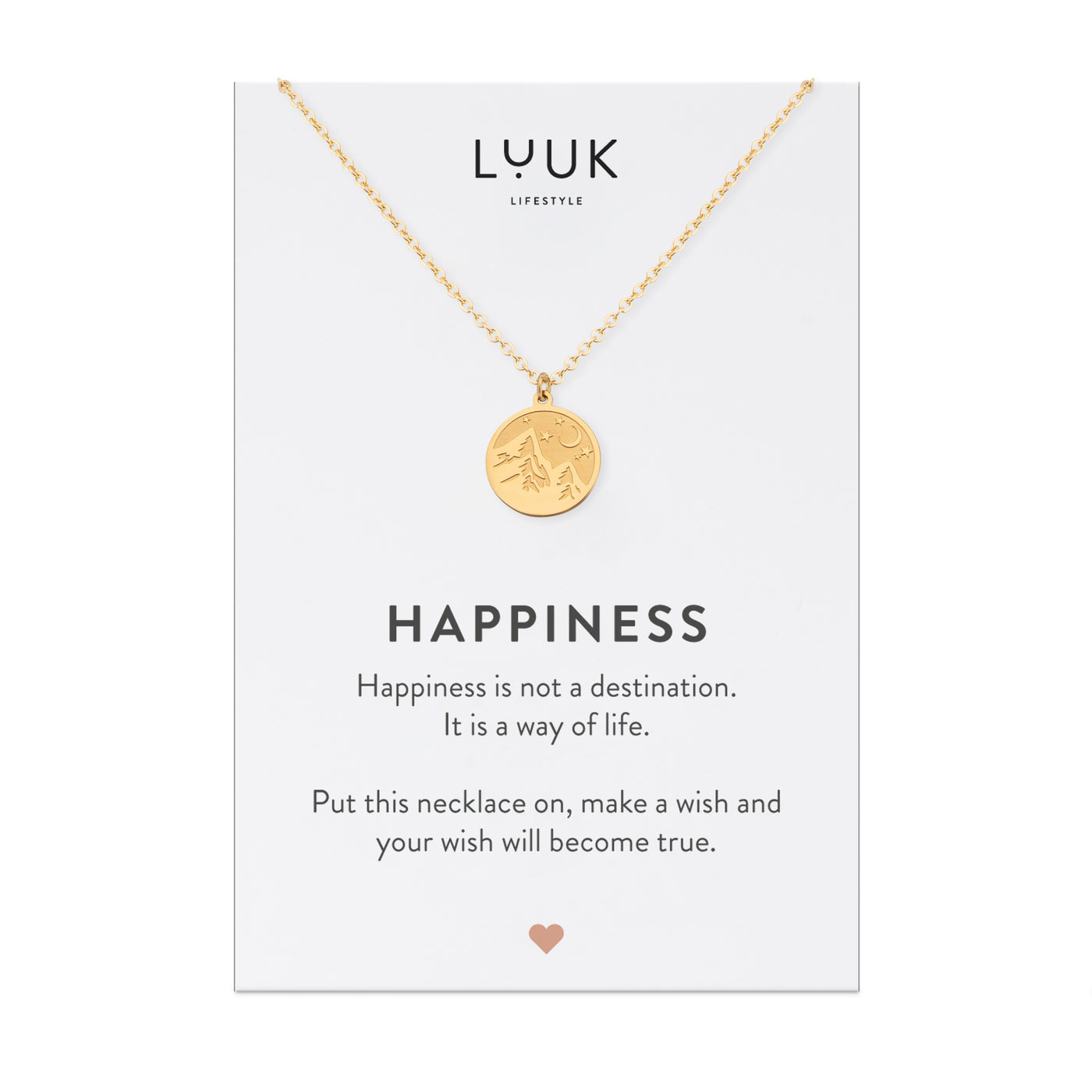 Goldene Halskette mit berg Anhänger auf Happiness Spruchkarte von der Brand Luuk Lifestyle