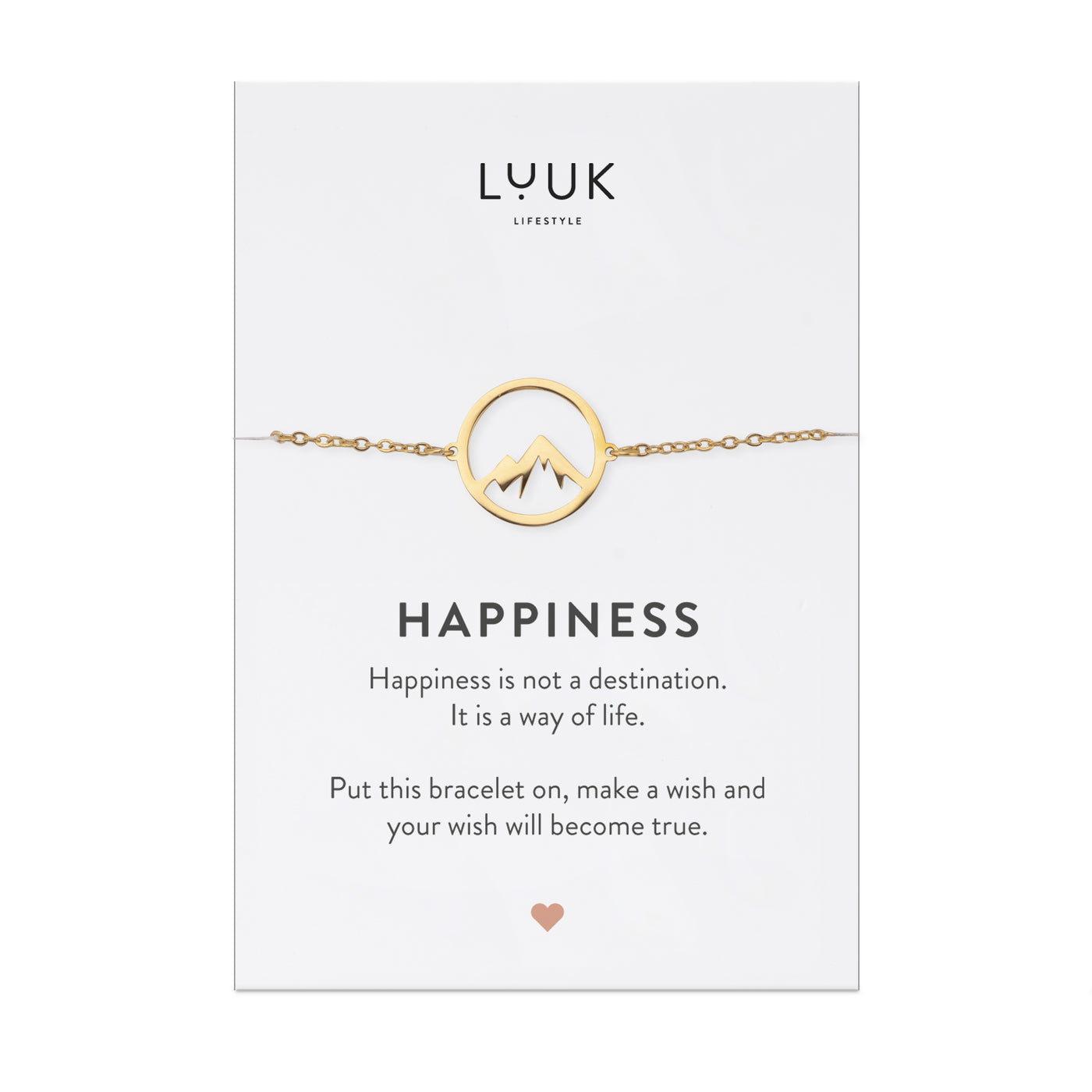 Goldenes Armband mit Bergspitze Anhänger auf Happines Spruchkarte von der Brand Luuk Lifestyle