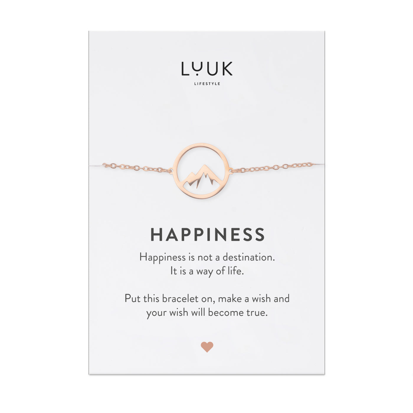 Rosegoldenes Armband mit Berg Anhänger auf Happiness Spruchkarte von der Marke Luuk Lifestyle