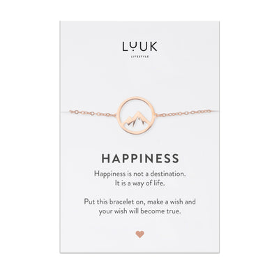 Rosegoldenes Armband mit Berg Anhänger auf Happiness Spruchkarte von der Marke Luuk Lifestyle