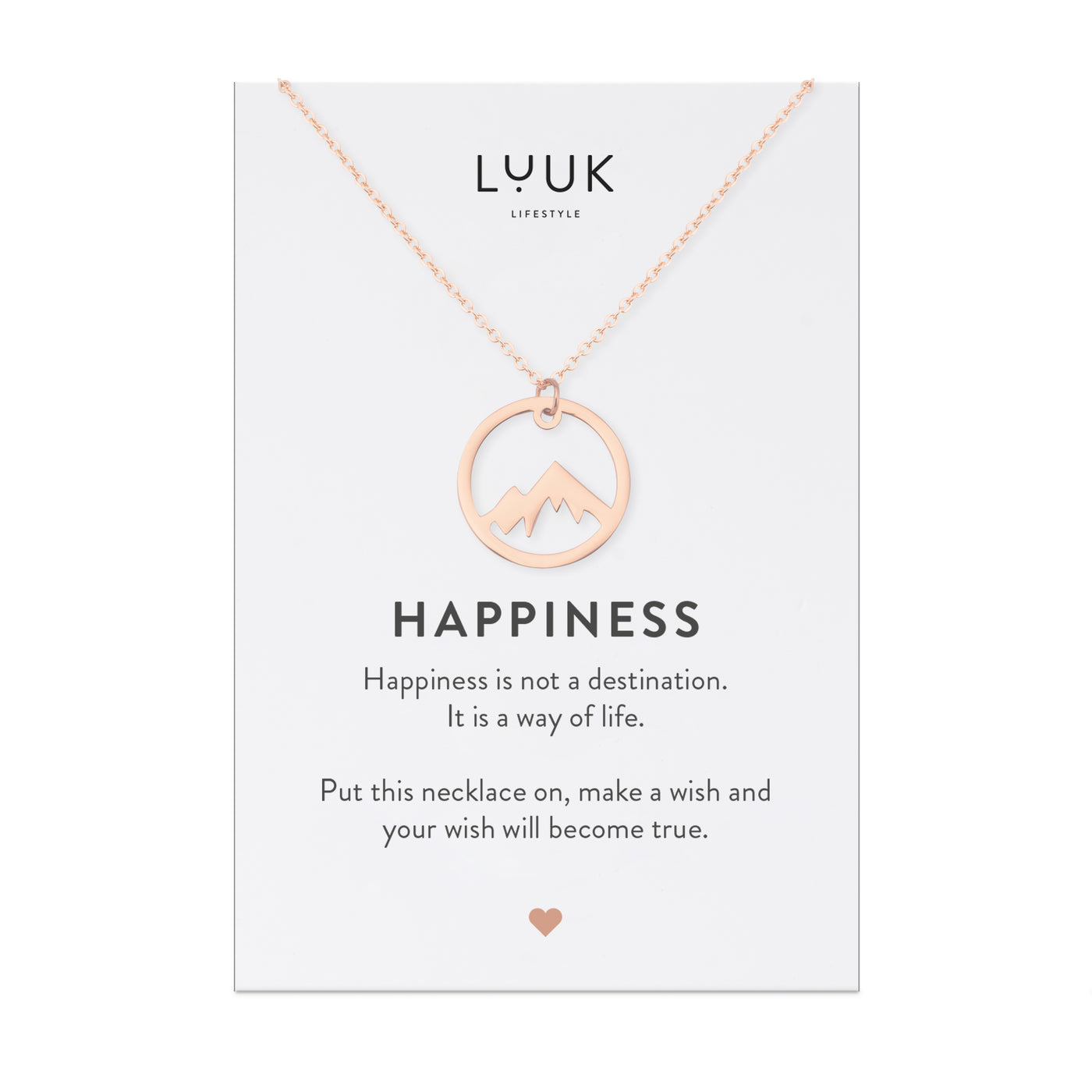 Rosegoldene Halskette mit Berggipfel Anhänger auf Happiness Karte von Luuk Lifestyle.