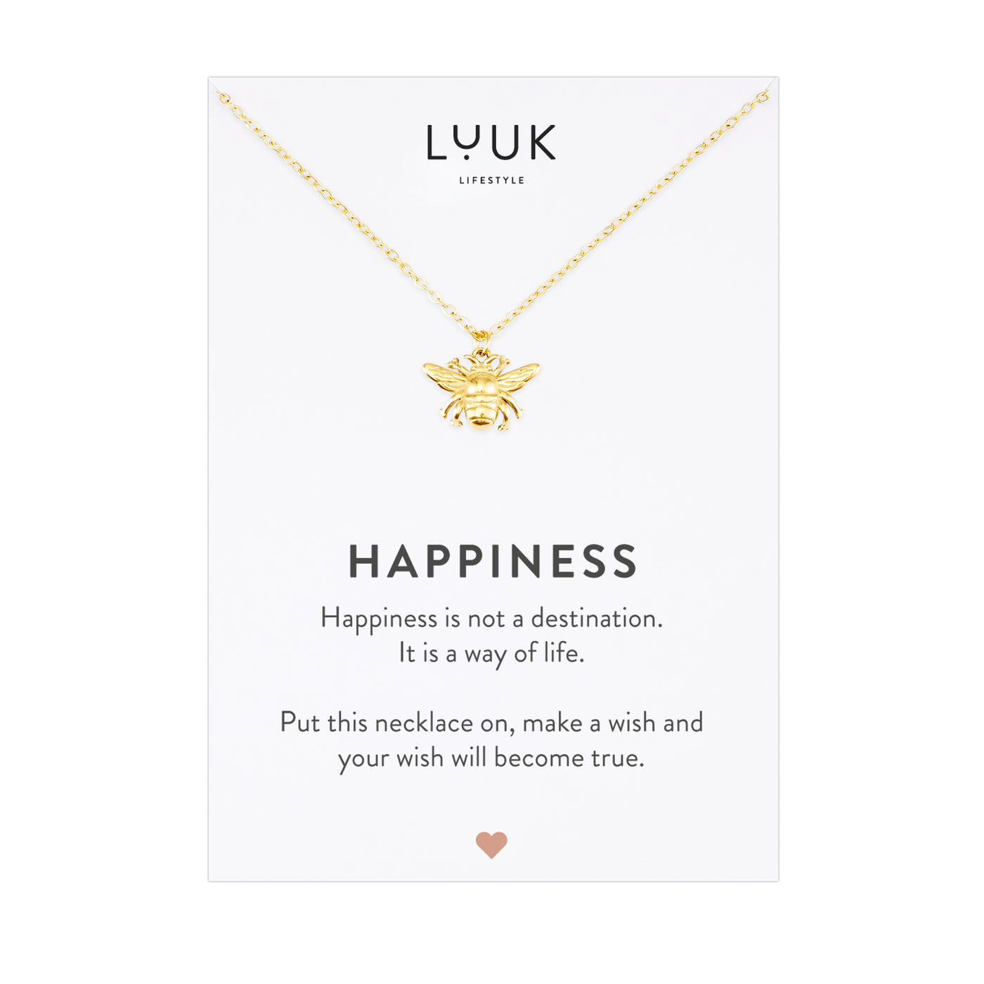 Goldene Halskette mit Bienen Anhänger auf Happiness Karte von der Brad Luuk Lifestyle