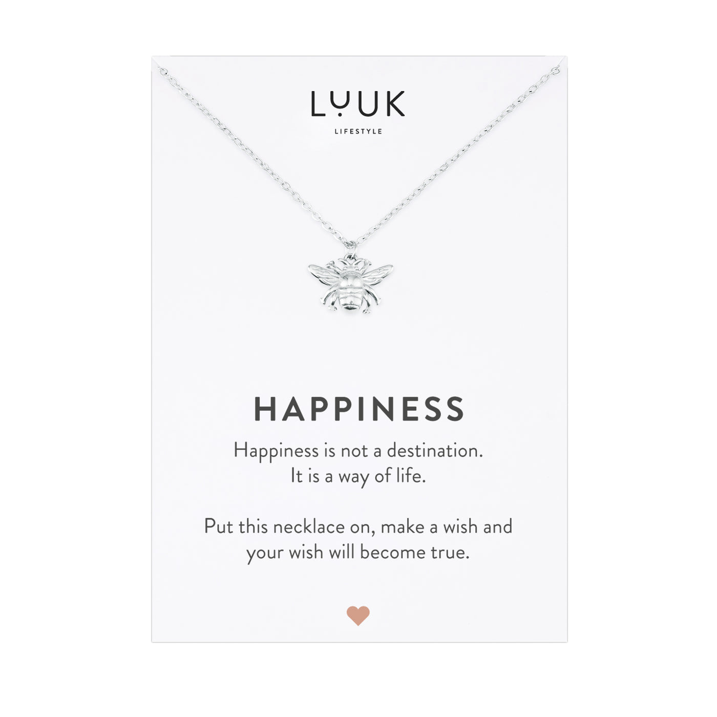 Silberne Halskette mit Bienen Anhänger auf Happiness Karte von der Marke Luuk Lifestlye