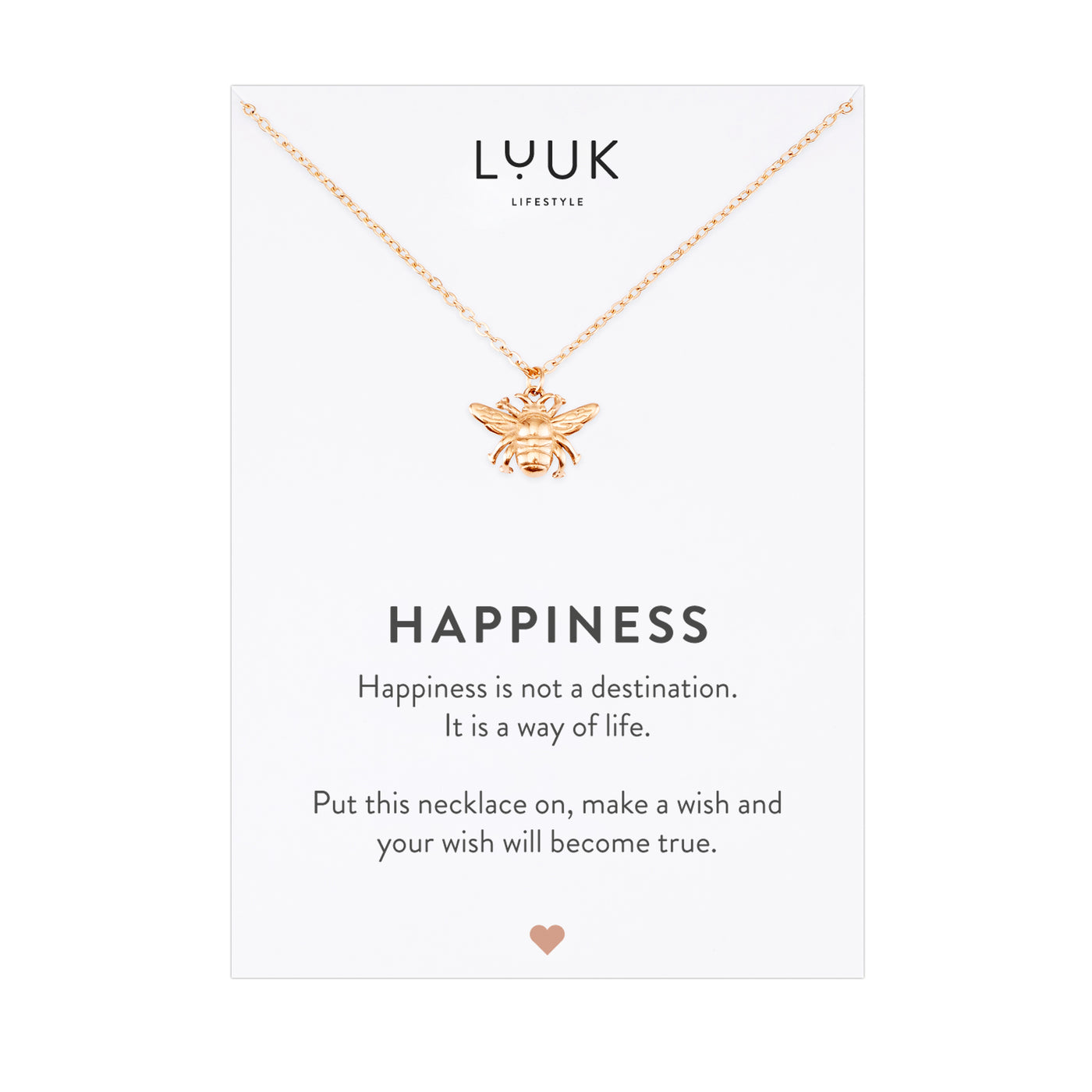 Rosegoldene Halskette mit Insekten Anhänger auf Happiness Karte von Luuk Lifestyle 