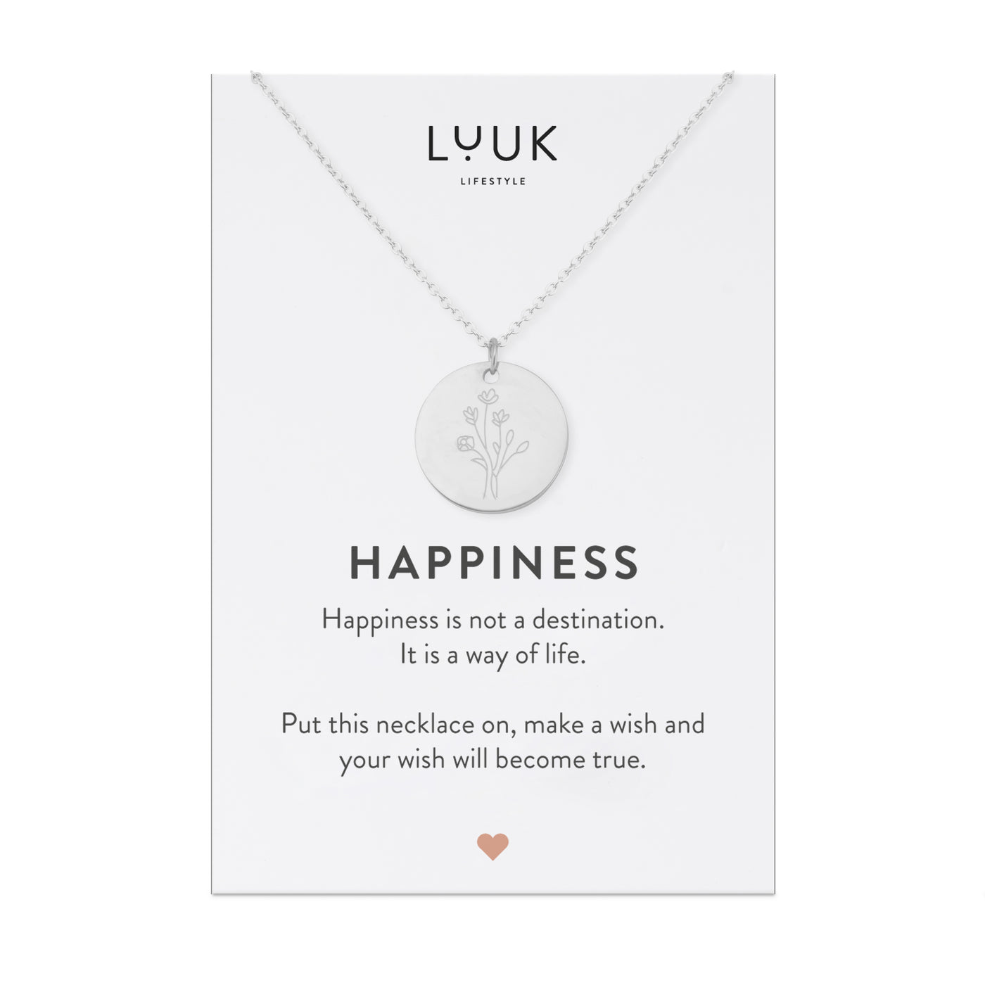 Silberne Halskette mit Blume Anhänger auf Happiness Karte von der Marke Luuk Lifestyle.