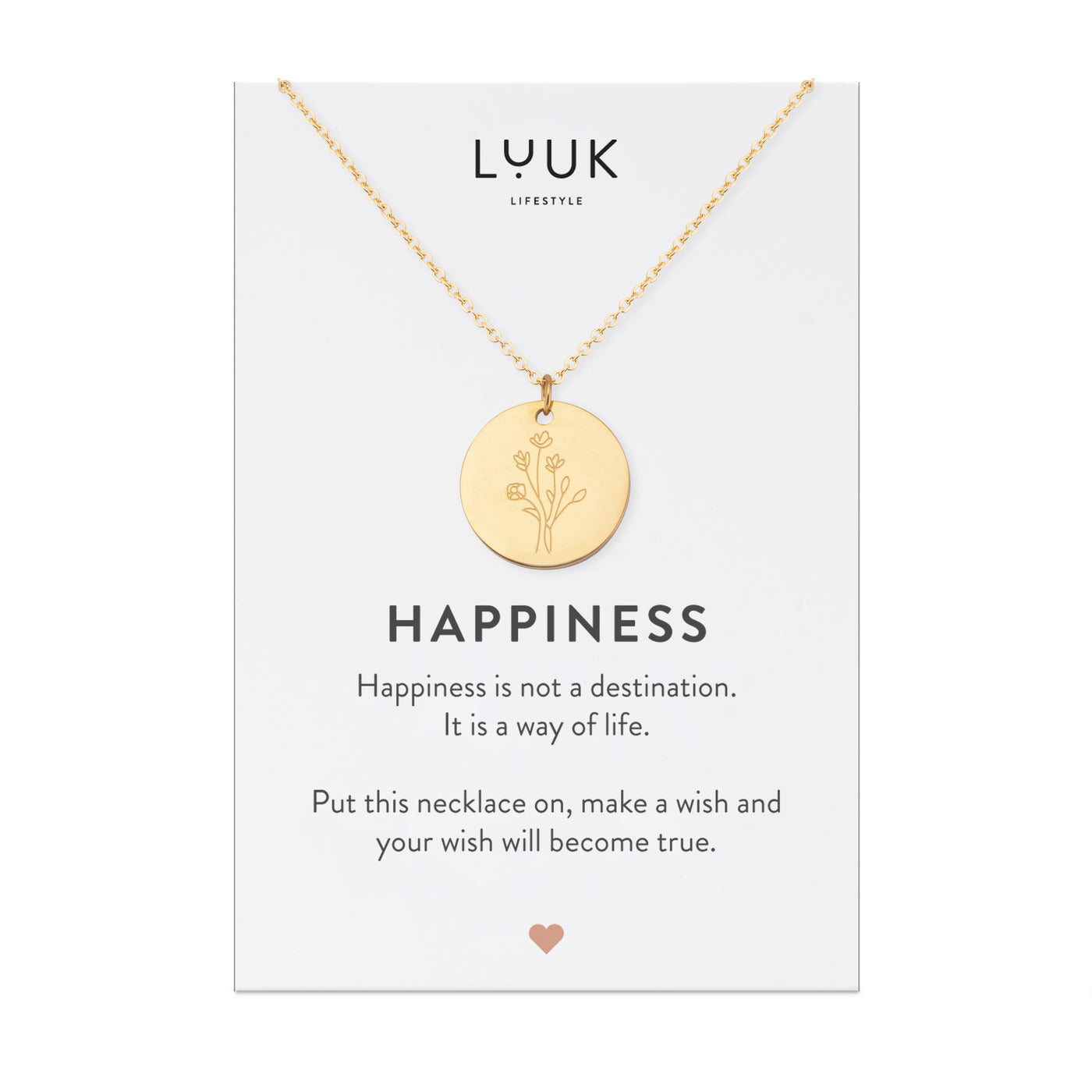 Goldene Halskette mit Blumen Anhänger auf Happiness Karte von der Brand Luuk Lifestyle.