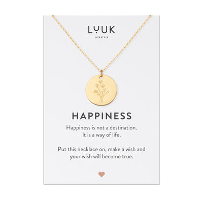 Goldene Halskette mit Blumen Anhänger auf Happiness Karte von der Brand Luuk Lifestyle.
