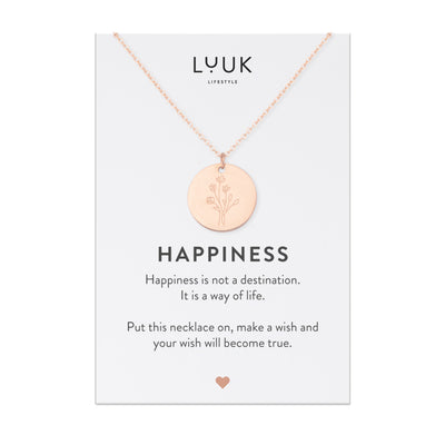 Rosegoldene Halskette mit graviertem Blumen Anhänger auf Happiness Karte von Luuk Lifestyle.