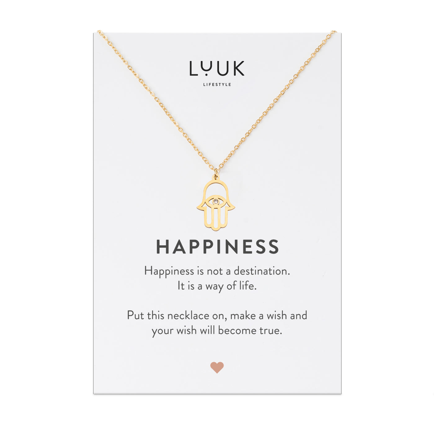 Gold Kette mit Buddha Hand Anhänger aus Edelstahl auf Happiness Karte von der Marke Luuk Lifestyle