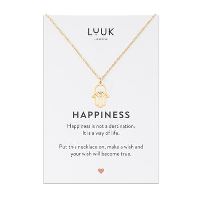 Gold Kette mit Buddha Hand Anhänger aus Edelstahl auf Happiness Karte von der Marke Luuk Lifestyle