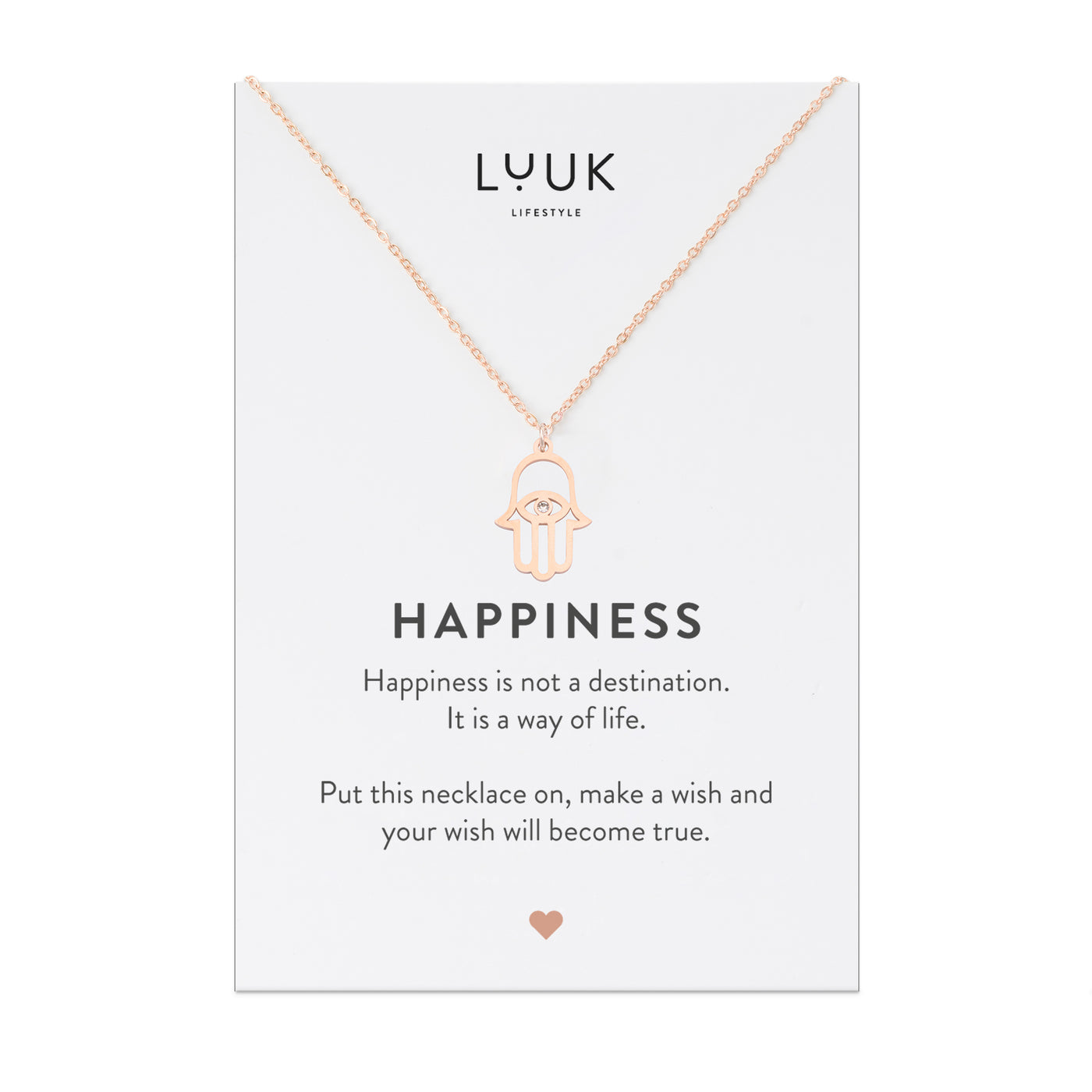 Halskette mit Buddha Hand Anhänger in Roségold auf Happiness Spruchkarte von Luuk Lifestyle