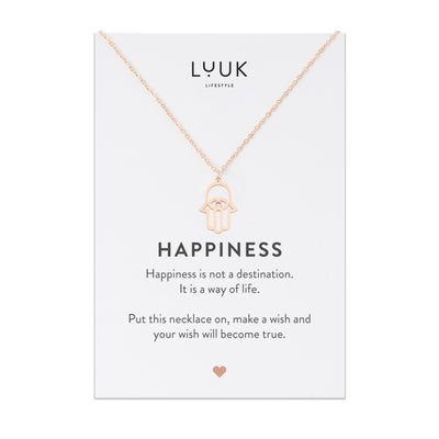 Halskette mit Buddha Hand Anhänger in Roségold auf Happiness Spruchkarte von Luuk Lifestyle