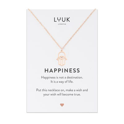 Halskette mit Buddha Hand Anhänger in Roségold auf Happiness Spruchkarte von Luuk Lifestyle