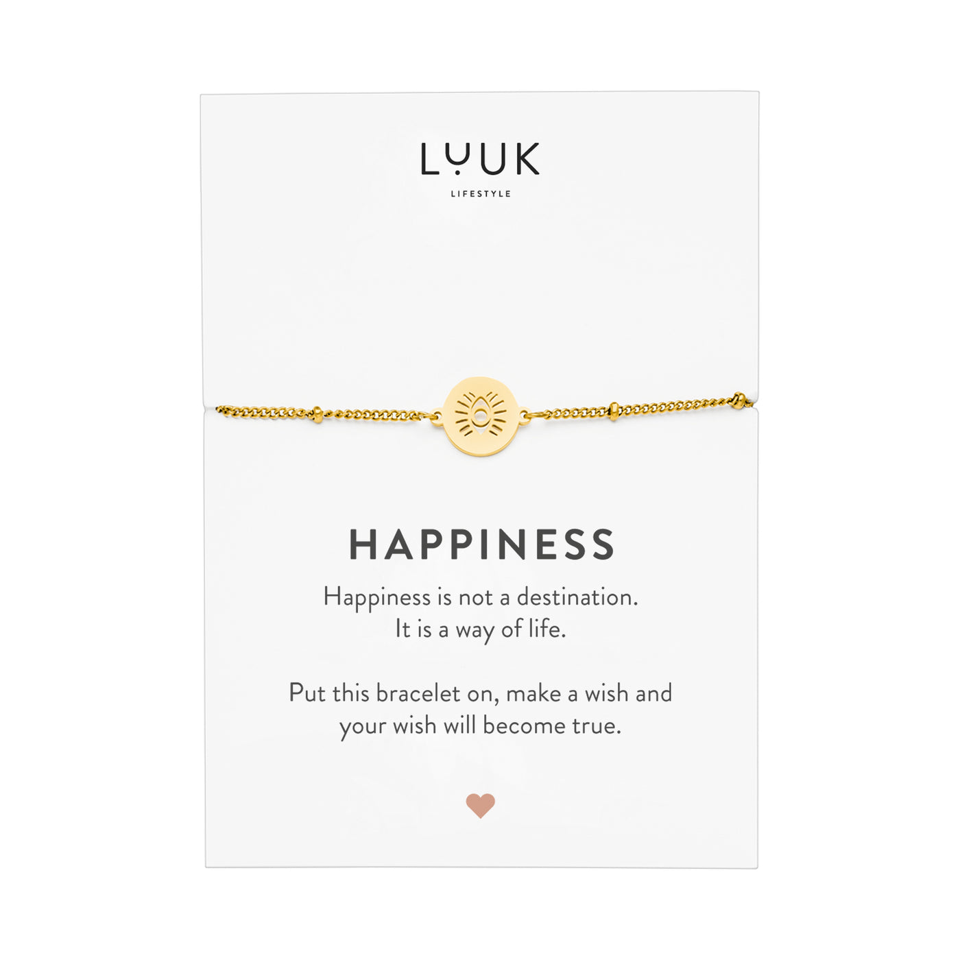Gold Armband mit Buddha Auge Anhänger auf Happiness Spruchkarte von der Brand Luuk Lifestyle 