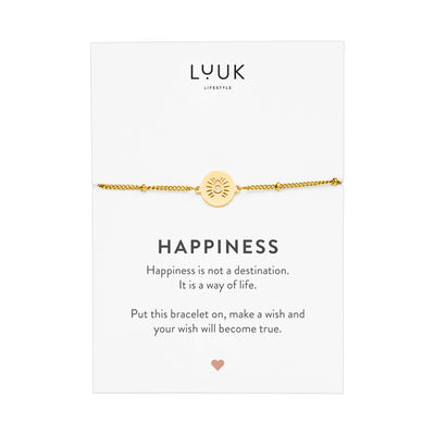 Gold Armband mit Buddha Auge Anhänger auf Happiness Spruchkarte von der Brand Luuk Lifestyle 