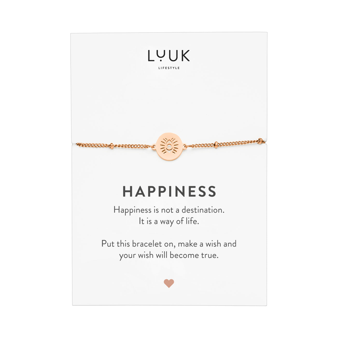 Rosegoldenes Armband mit Buddha Auge Anhänger auf Happiness Karte von der Brand Luuk Lifestyle 