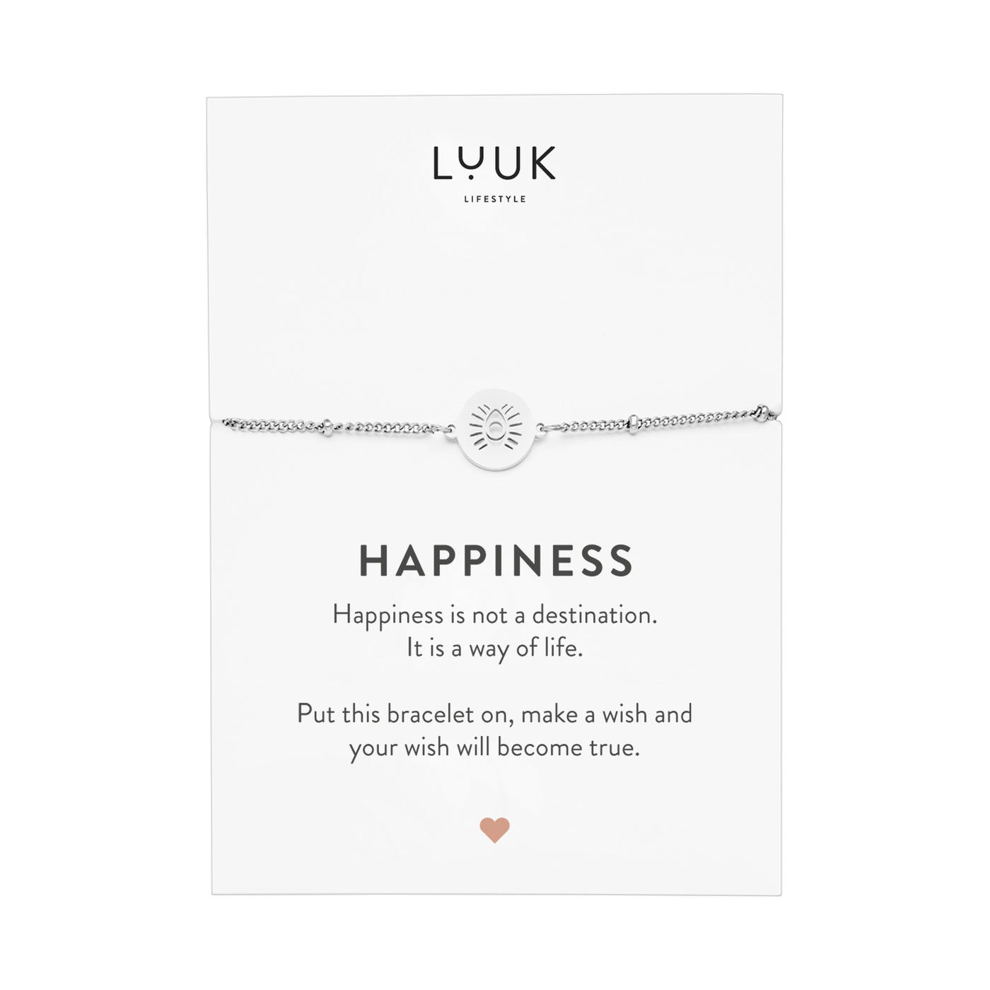 Armband mit Buddha Auge Anhänger in Silber auf Happiness Spruchkarte von der Marke Luuk Lifestyle 