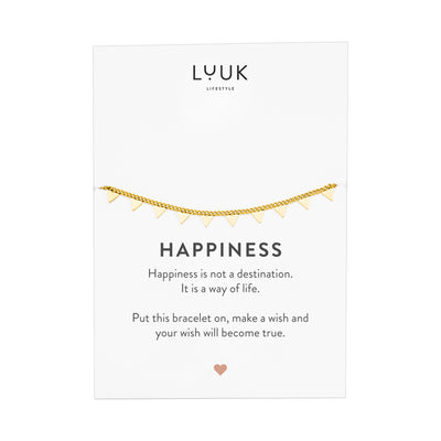 Goldenes Armband mit Dreieck Plättchen Anhänger auf Happiness Spruchkarte von der Brand Luuk Lifestyle.