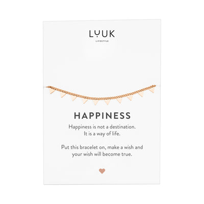 Rosegoldenes Armband mit Dreieck Plättchen Anhänger auf Happiness Spruchkarte von Luuk Lifestyle.