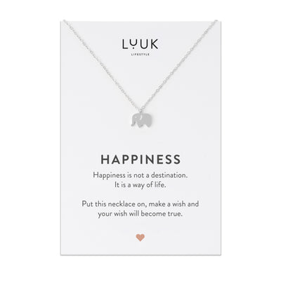 Silberne Halskette mit Elefant Anhänger auf Happiness Spruchkarte von der Marke Luuk Lifestyle 