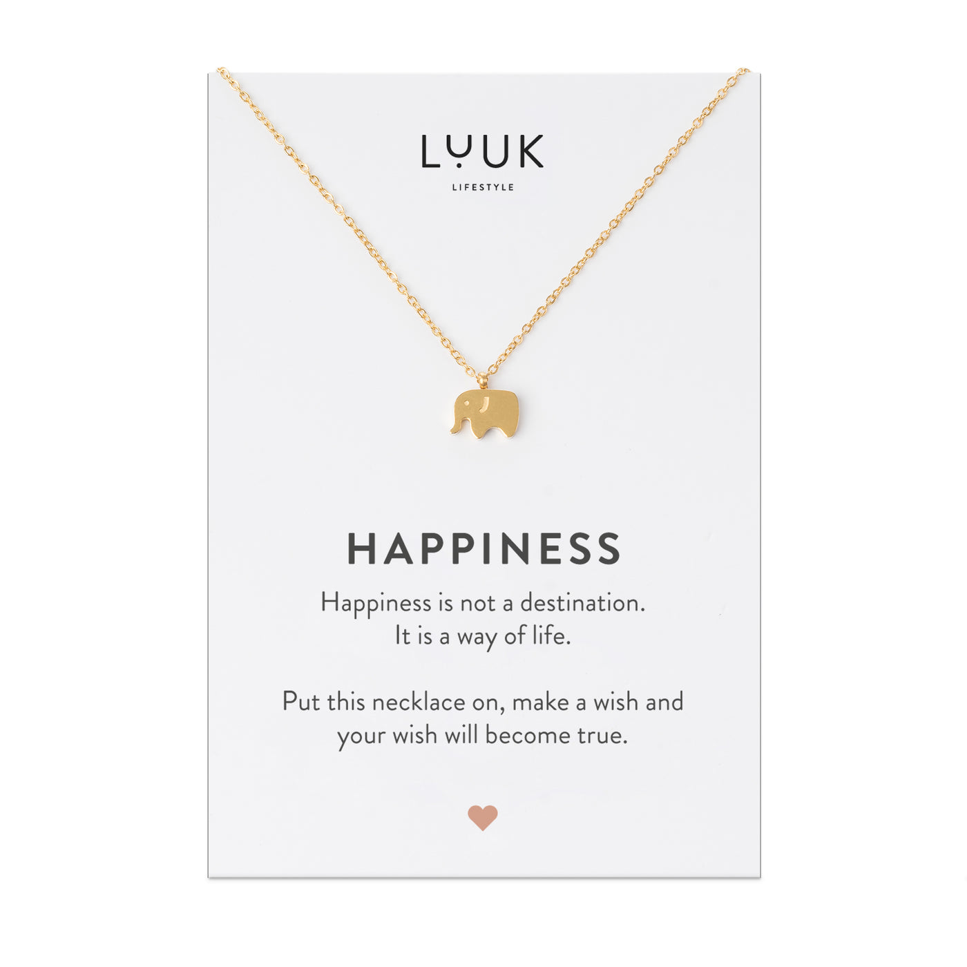 Goldene Halskette mit Elefant Anhänger auf Happiness Spruchkarte von der Brand Luuk Lifestyle