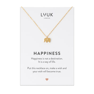 Goldene Halskette mit Elefant Anhänger auf Happiness Spruchkarte von der Brand Luuk Lifestyle