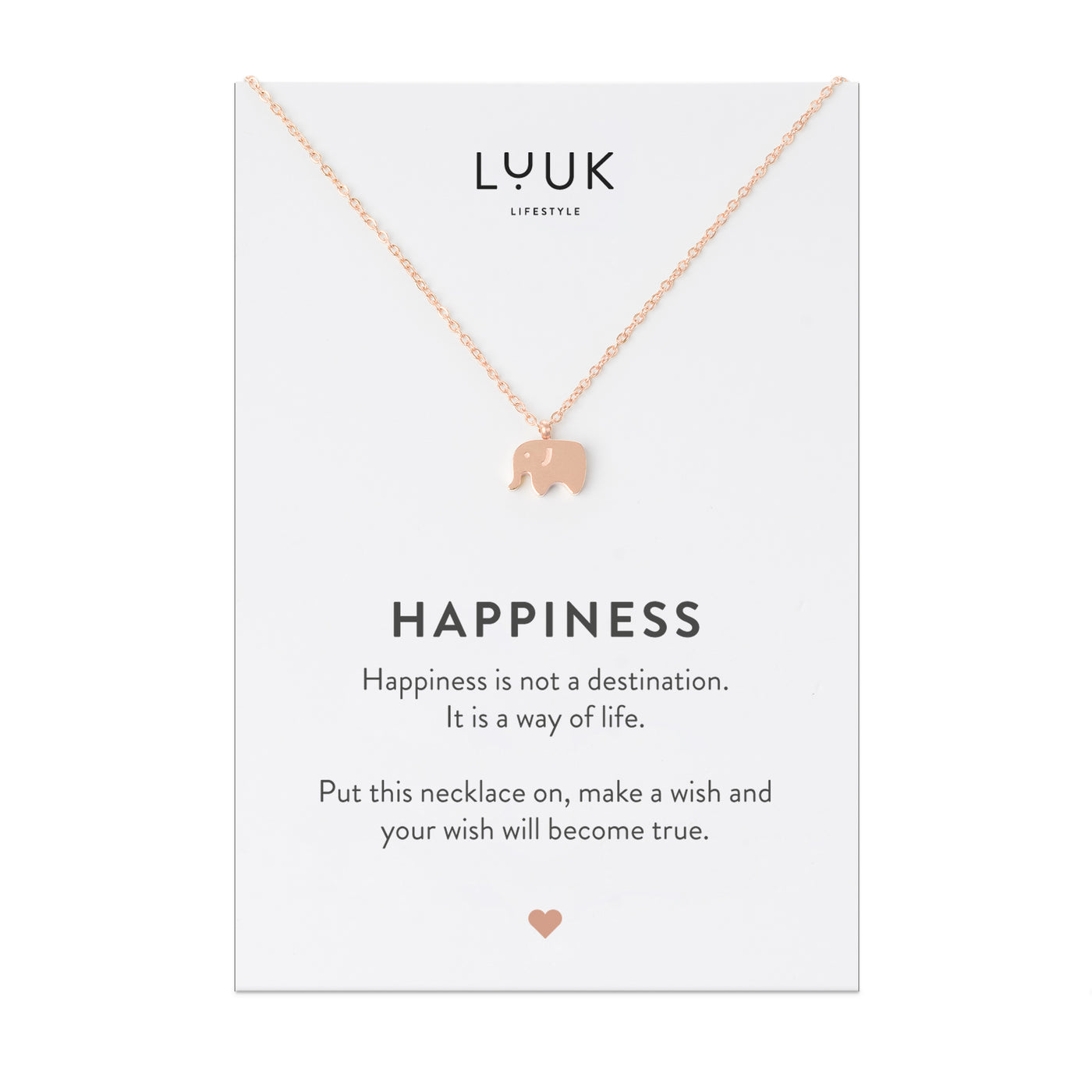 Rosegoldene Halskette mit Elefant Anhänger auf Happiness Spruchkarte von der Marke Luuk Lifestyle