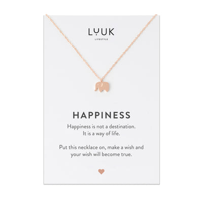 Rosegoldene Halskette mit Elefant Anhänger auf Happiness Spruchkarte von der Marke Luuk Lifestyle