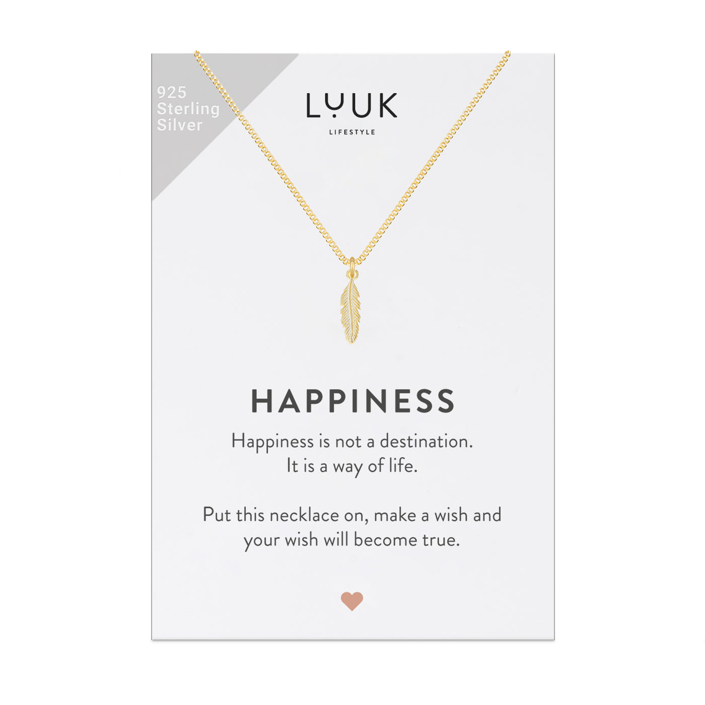 Halskette mit Feder Anhänger in Gold auf motivierender Happiness Spruchkarte von Luuk Lifestyle 