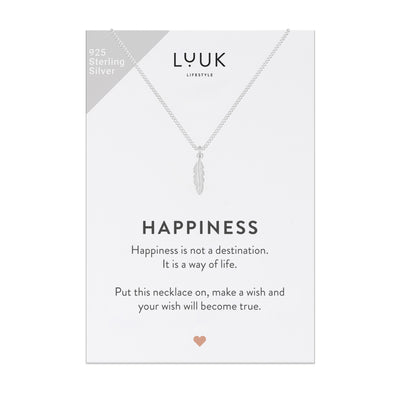 Sterling silver necklace with feather pendant and Happiness greeting card