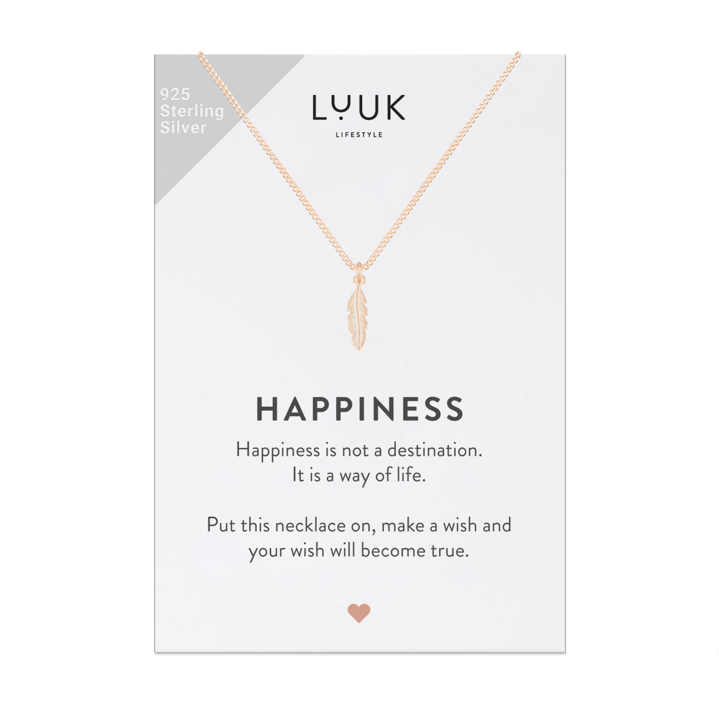 Happiness Spruchkarte mit Halskette und Feder Anhänger in Rosegold von Luuk Lifestyle