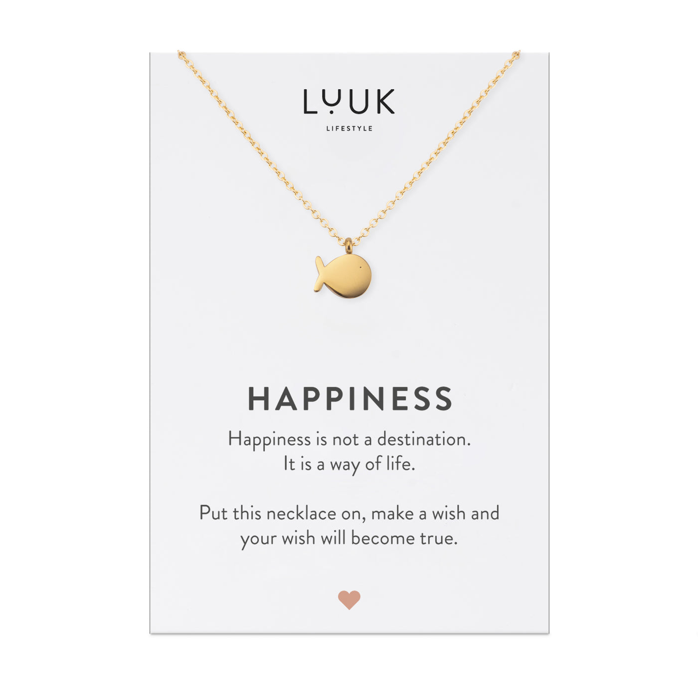 Goldene Halskette mit Fisch Anhänger auf Happiness Spruchkarte von der Marke Luuk Lifestyle.