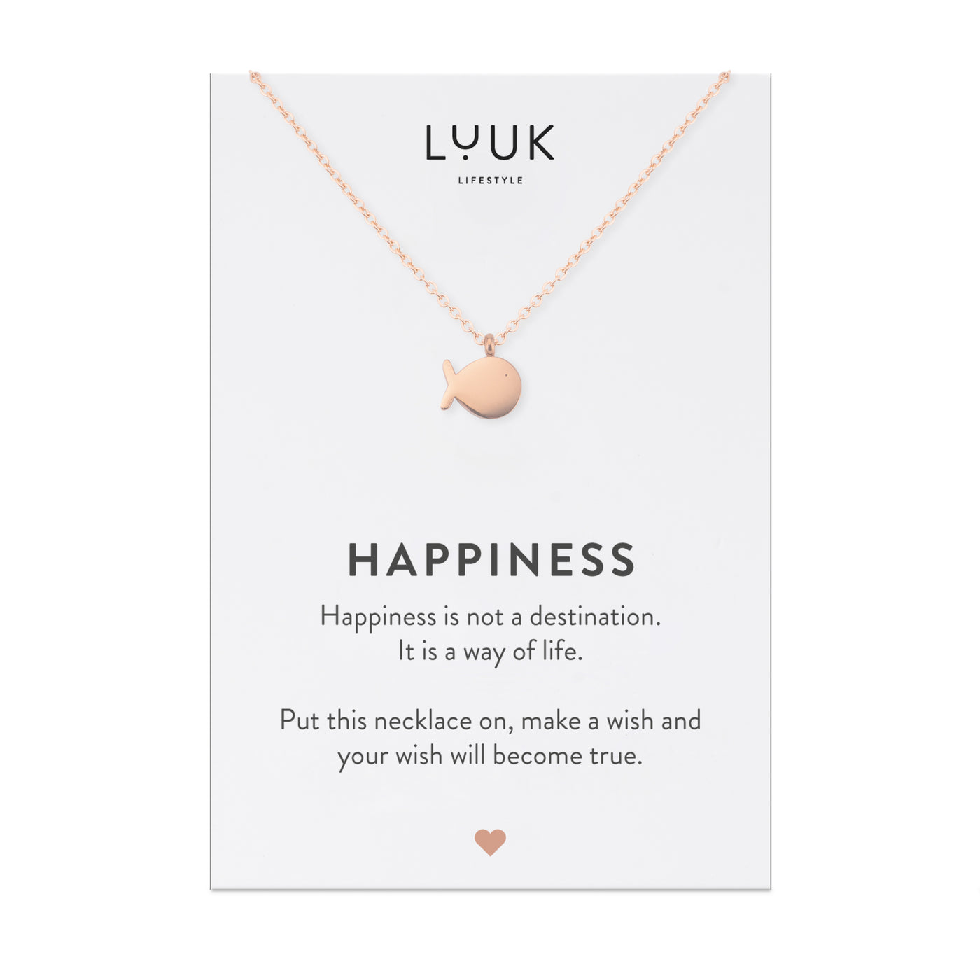 Roségoldene Halskette mit Fisch Anhänger auf Happiness Spruchkarte von Luuk Lifestyle