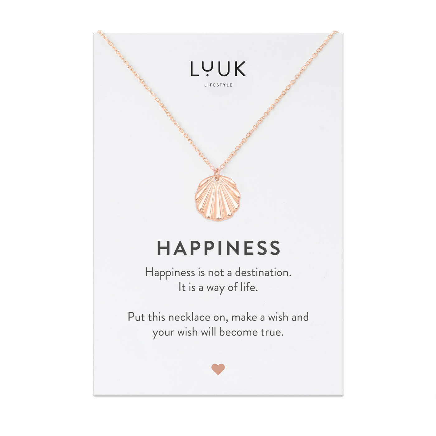 Halskette mit Muschel Anhänger in Rosegold auf Happiness Spruchkarte von Luuk Lifestyle