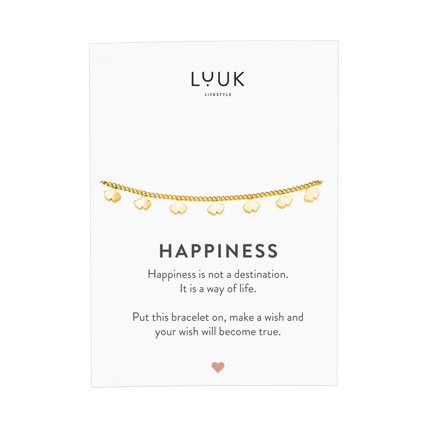 Goldenes Armband mit Ginkgo Blatt Anhängern auf Happiness Spruchkarte von der Brand Luuk Lifestyle 