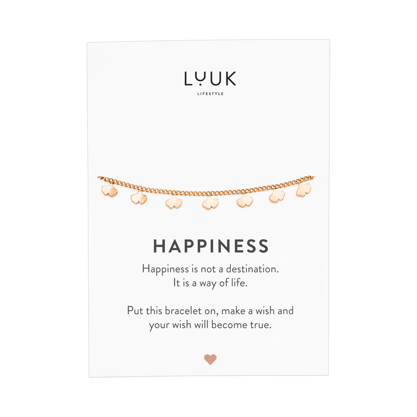 Rosegoldenes Armband mit Gingko Blatt Anhängern auf Happiness Karte von Luuk Lifestyle 