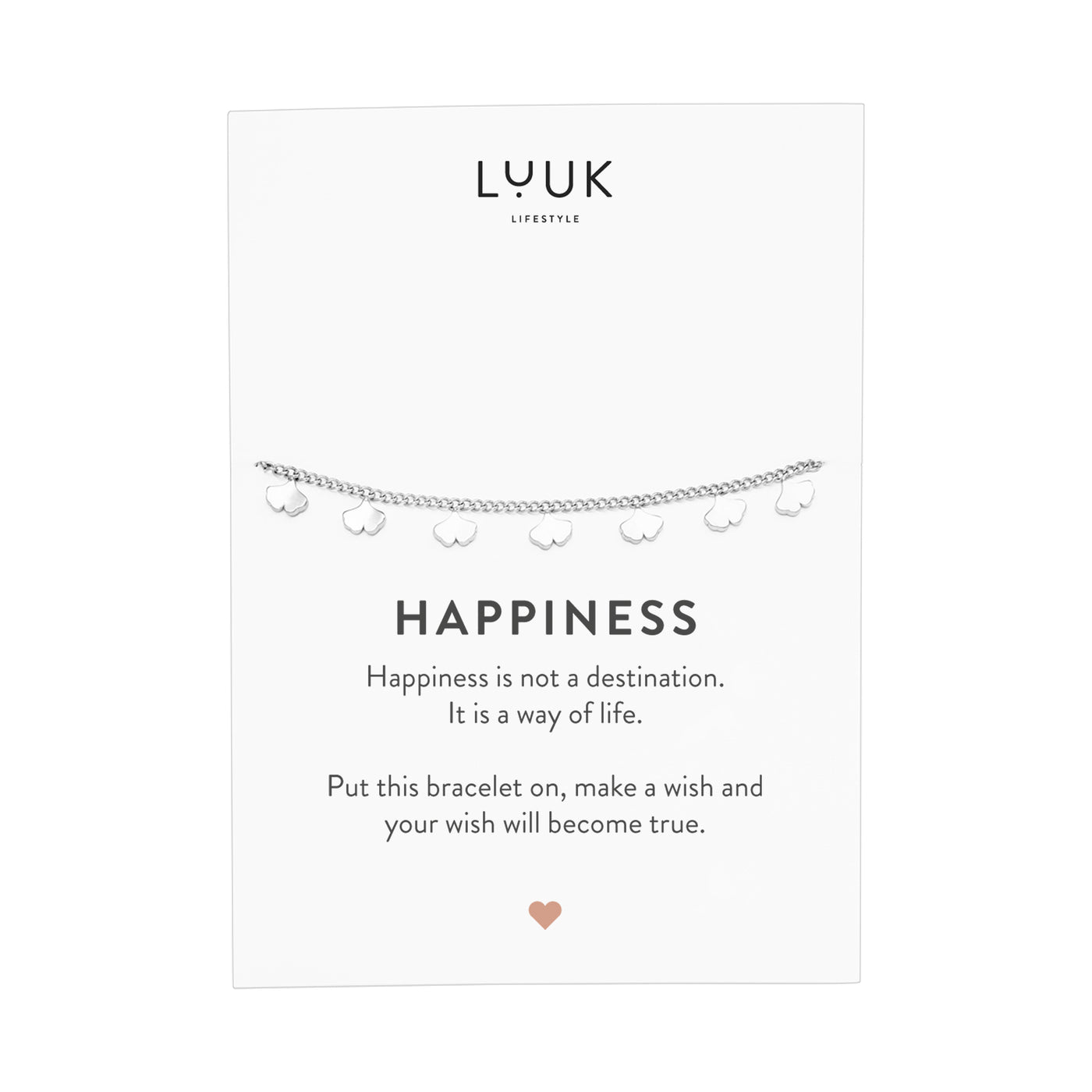 Silbernes Armband mit Ginkgo Anhängern auf Happiness Spruchkarte von der Marke Luuk Lifestyle 