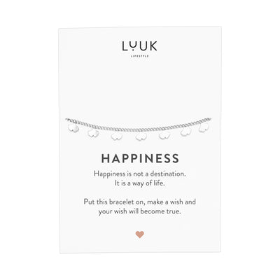 Silbernes Armband mit Ginkgo Anhängern auf Happiness Spruchkarte von der Marke Luuk Lifestyle 