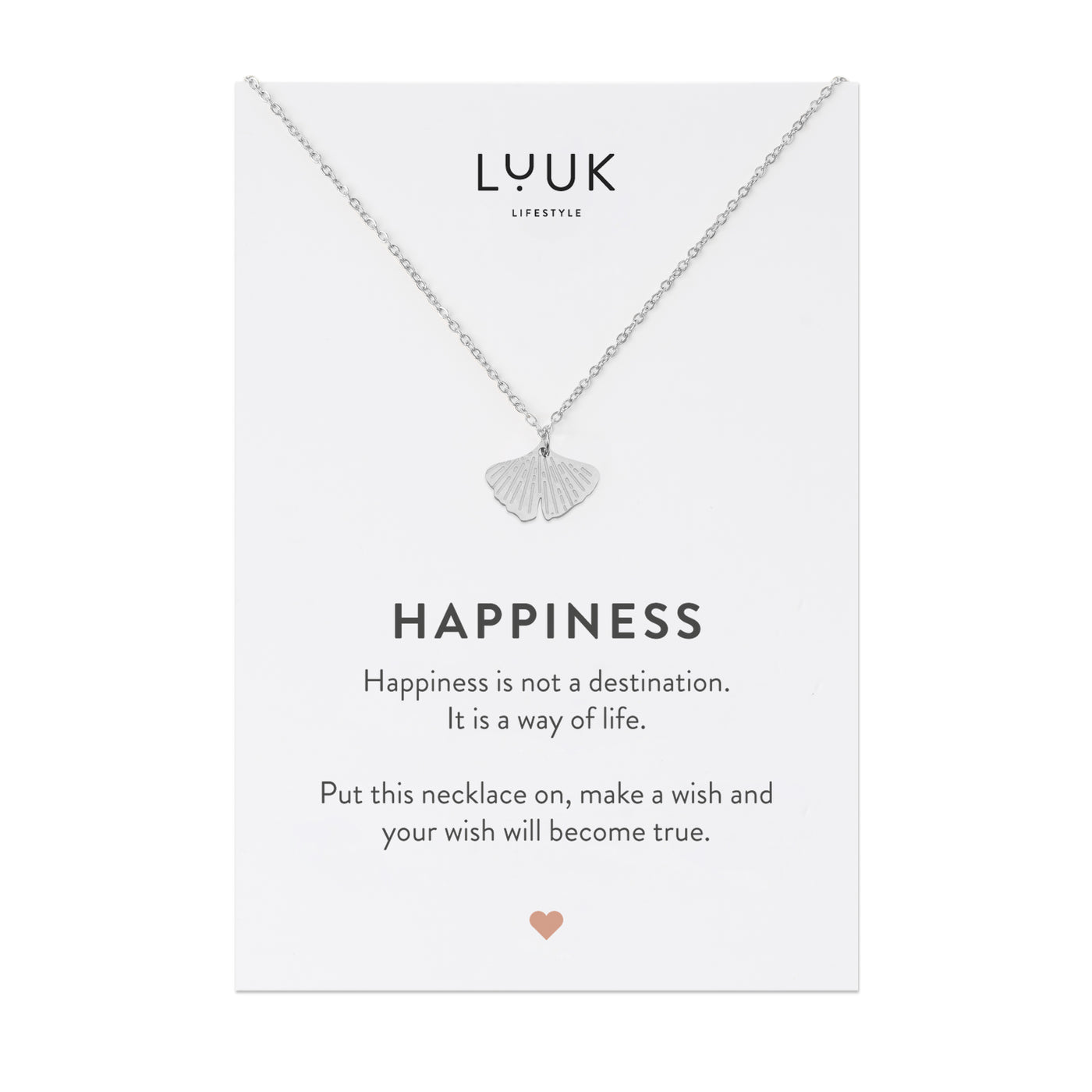 Silberne Halskette mit Ginkgo Anhänger auf Happiness Spruchkarte von der Marke Luuk  Lifestyle 