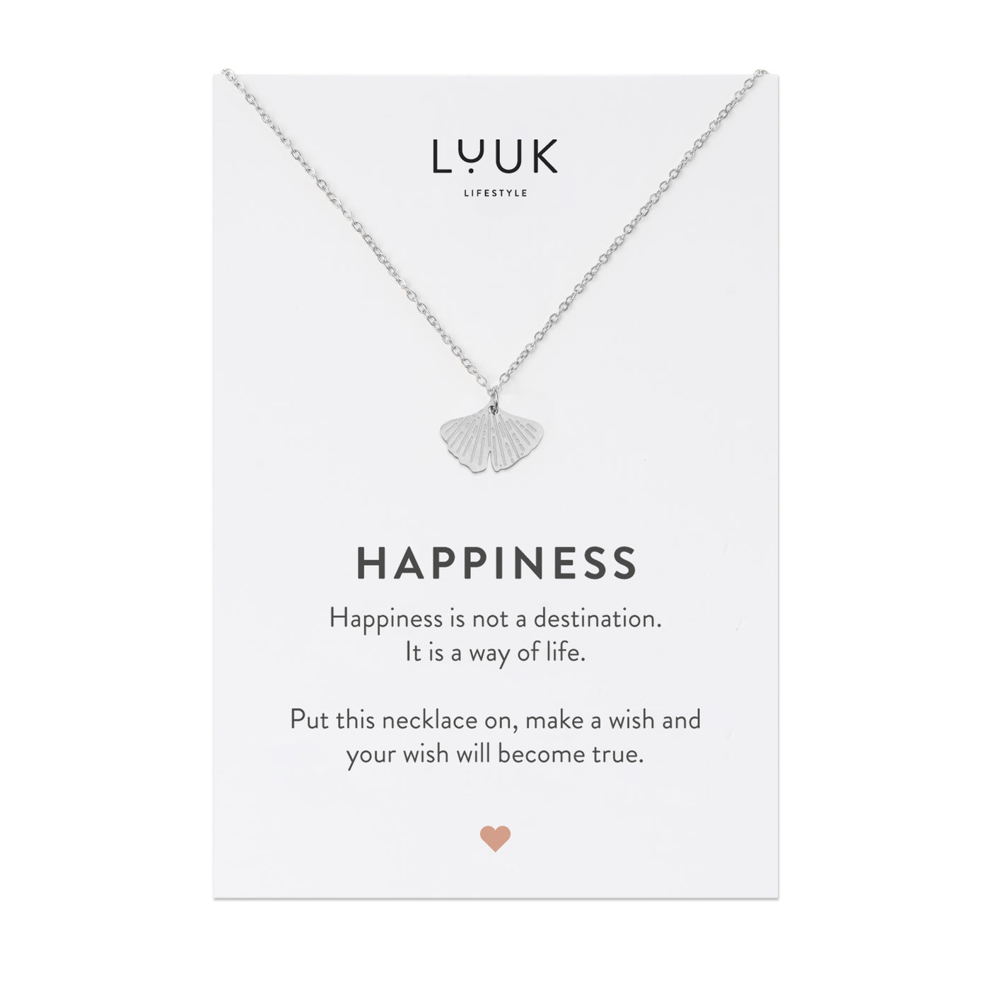 Silberne Halskette mit Ginkgo Anhänger auf Happiness Spruchkarte von der Marke Luuk  Lifestyle 